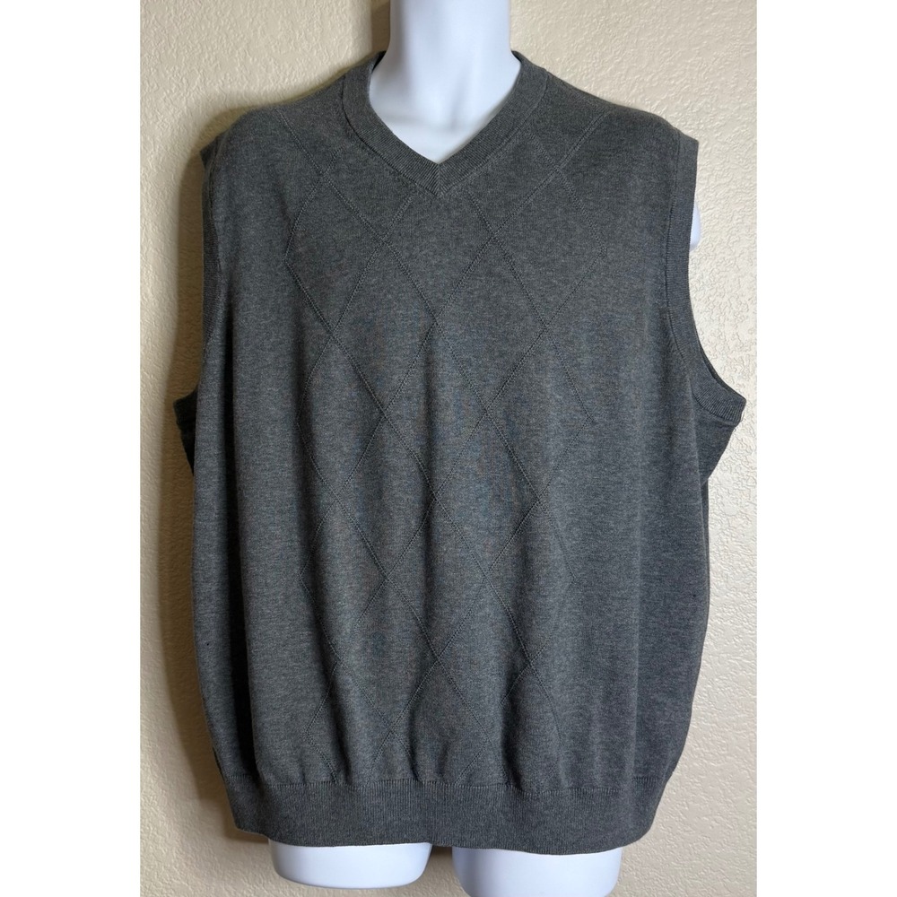Roundtree & Yorke Mens 2X Sweater Vest Grey Argyle V Neck 100% Cotton Preppy